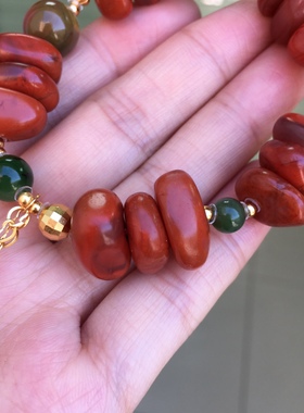 川料南红特色牛血红俏色火焰纹藏扣DIY手串珠宝古玩手串吊坠女