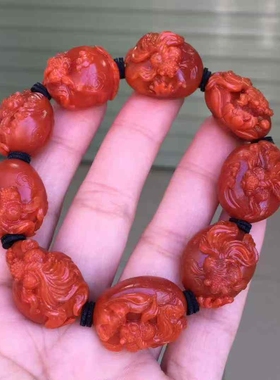 精品收藏保山原矿南红玛瑙年年有余手串苏工雕刻证书男女文玩百搭