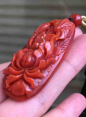 南红玛瑙瓦西料精品柿子红玫红满色满肉蝶恋花牡丹挂件项链百搭款