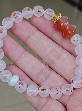 天然南红冰飘鸡血红飘花皇冠小熊单圈手串饰品手把摆件多宝文玩女