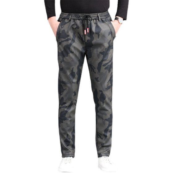 Men's leather pants with velvet and thickening, trendy slim-fitting, tight-fitting waterproof motorcycle and motorcycle fur integrated PU camouflage pants