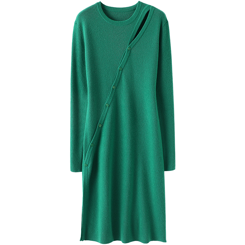 自带气场！露肩侧开叉显瘦羊绒衫女中长款纯羊绒毛衣连衣裙子秋冬 - 图3