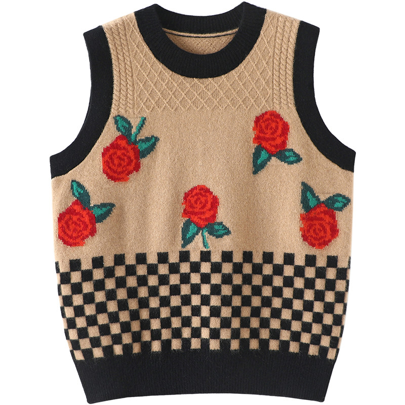 玫瑰风情~秋冬复古玫瑰提花针织羊绒马甲圆领羊绒毛衣女坎肩背心,淘宝优惠券,粉丝福利购,淘宝优惠卷