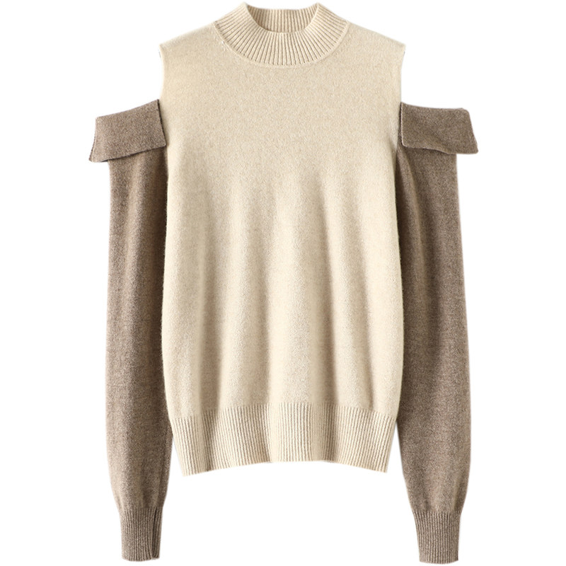 心爱的小心机！拼色露肩半高领羊绒衫女纯羊绒毛衣针织衫秋冬新款,淘宝优惠券,粉丝福利购,淘宝优惠卷