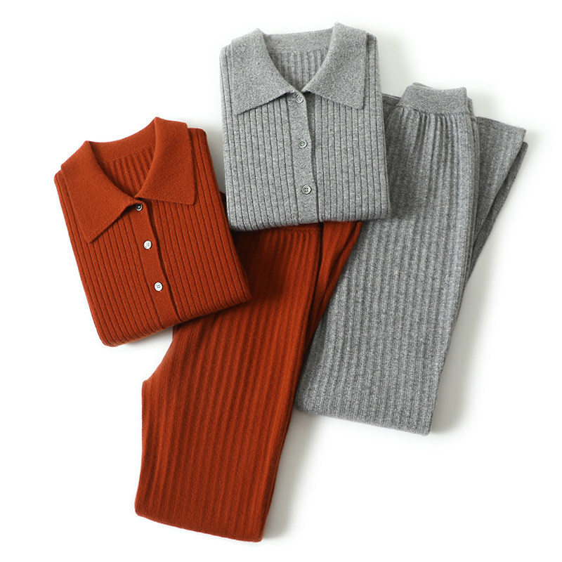 轻暖精致！翻领羊绒开衫女纯山羊绒毛衣针织休闲裤喇叭裤羊绒套装,淘宝优惠券,粉丝福利购,淘宝优惠卷