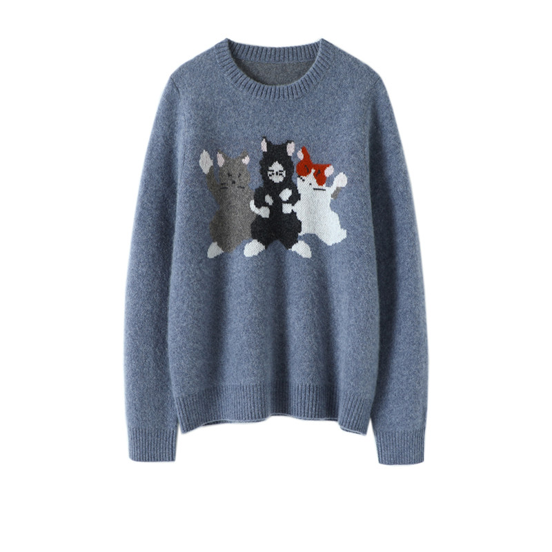 心情愉悦~萌趣三只喵纯山羊绒衫女100纯羊绒毛衣圆领秋冬季加厚,淘宝优惠券,粉丝福利购,淘宝优惠卷