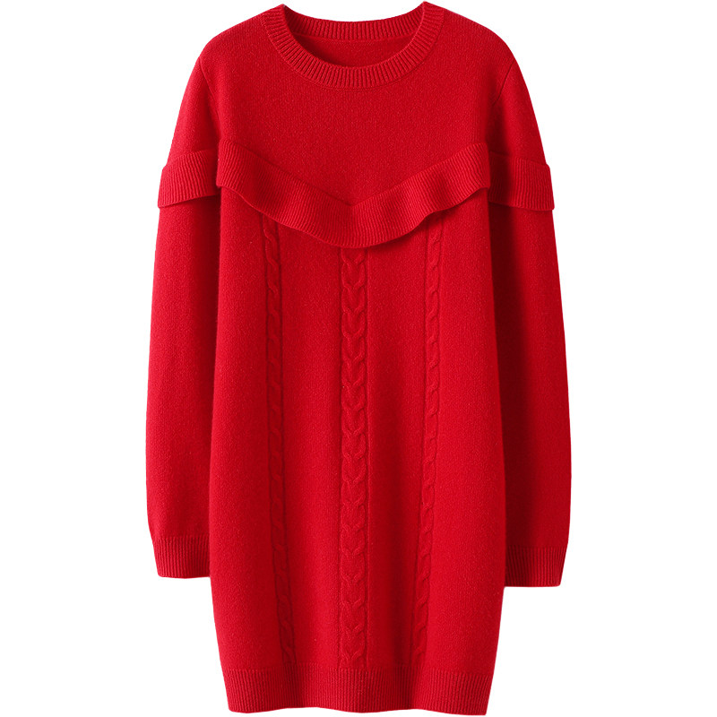 闪耀绽放！中长款100%羊绒衫女纯羊绒毛衣秋冬季荷叶边连衣裙加厚,淘宝优惠券,粉丝福利购,淘宝优惠卷