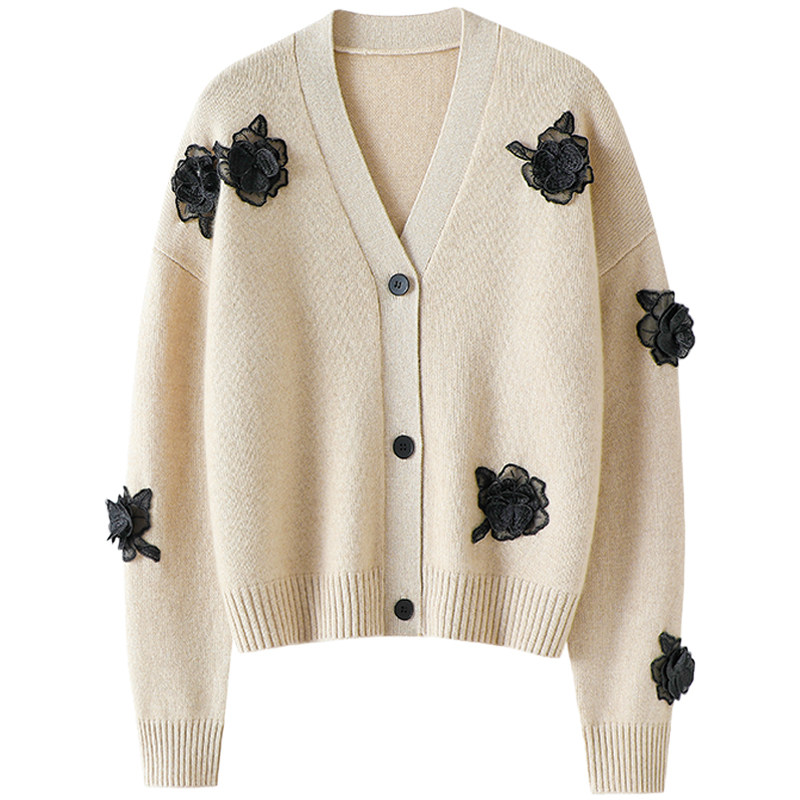 官方正品！立体玫瑰花加厚100%纯山羊绒开衫女毛衣针织开衫外套,淘宝优惠券,粉丝福利购,淘宝优惠卷