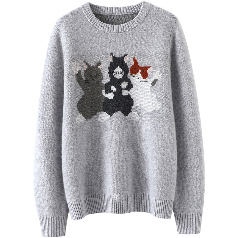 心情愉悦~萌趣三只喵纯山羊绒衫女100纯羊绒毛衣圆领秋冬季加厚,淘宝优惠券,粉丝福利购,淘宝优惠卷