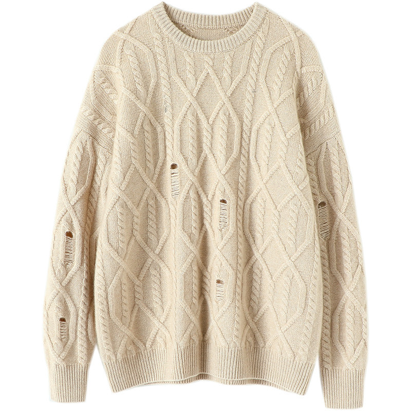 爱到不得了！宽松破洞绞花羊绒衫女圆领加厚纯羊绒毛衣套头冬新款,淘宝优惠券,粉丝福利购,淘宝优惠卷