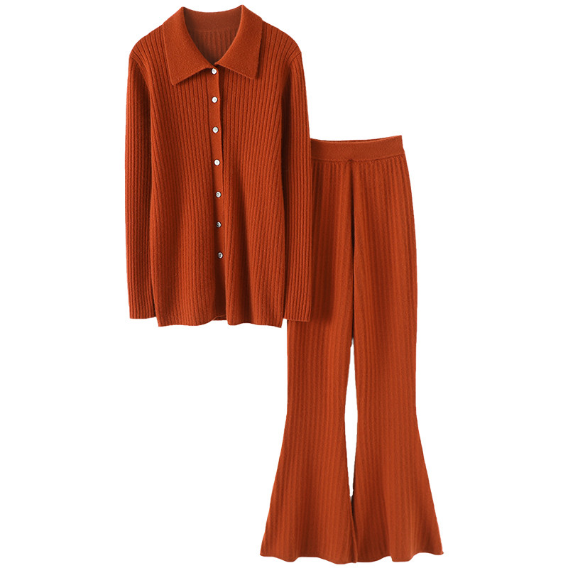 轻暖精致！翻领羊绒开衫女纯山羊绒毛衣针织休闲裤喇叭裤羊绒套装,淘宝优惠券,粉丝福利购,淘宝优惠卷