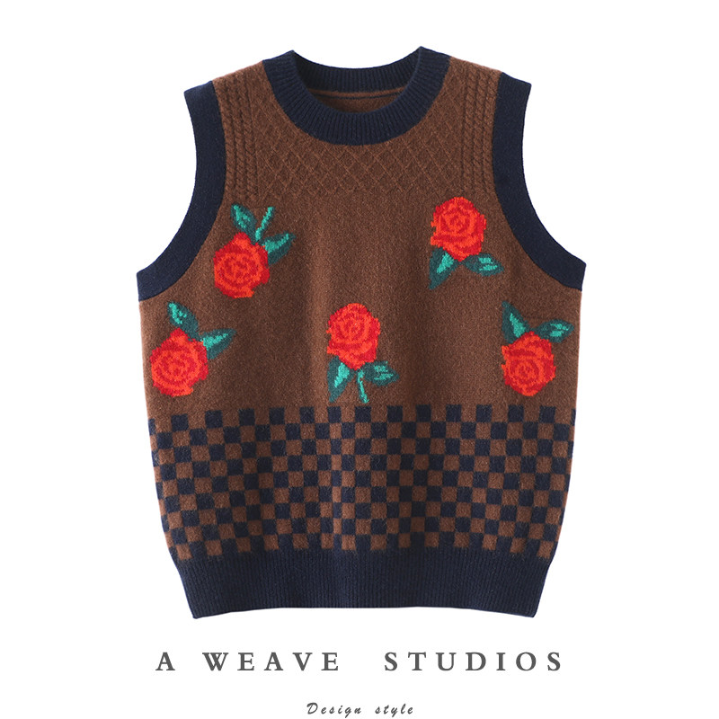 玫瑰风情~秋冬复古玫瑰提花针织羊绒马甲圆领羊绒毛衣女坎肩背心,淘宝优惠券,粉丝福利购,淘宝优惠卷