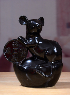 招财黑色陶瓷老鼠可爱风工艺品