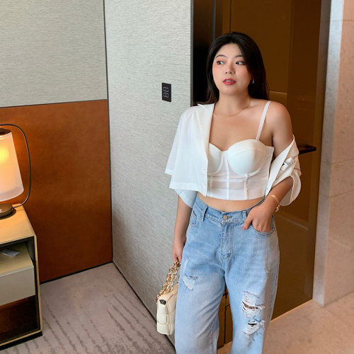 大码胖mm美背吊带背心女夏内搭带胸垫外穿显瘦小吊带鱼骨上衣微胖 - 图0