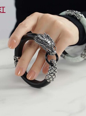 瑞红国潮复古纯银镶嵌墨玉手镯