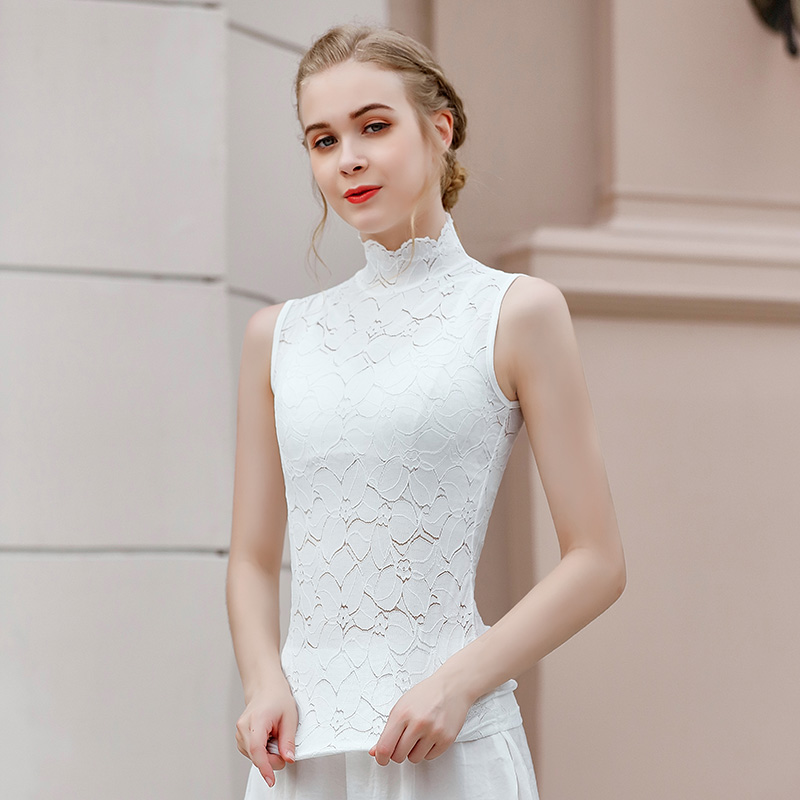 欧美春秋半高领无袖蕾丝洋气打底衫 悦吻蕾丝衫/雪纺衫