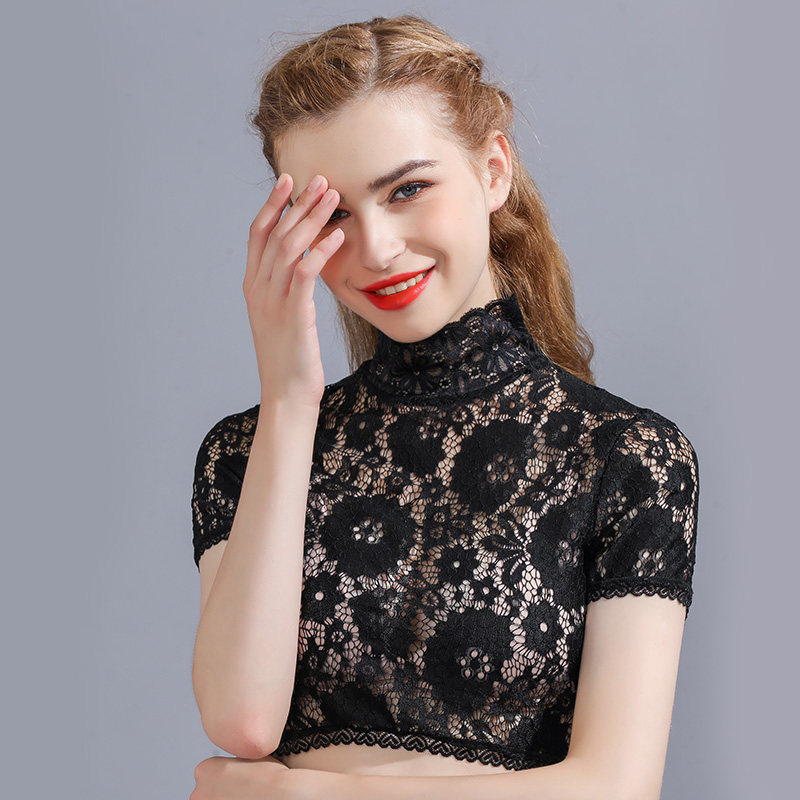 蕾丝半截女短袖半高领气质内搭罩衫 悦吻蕾丝衫/雪纺衫