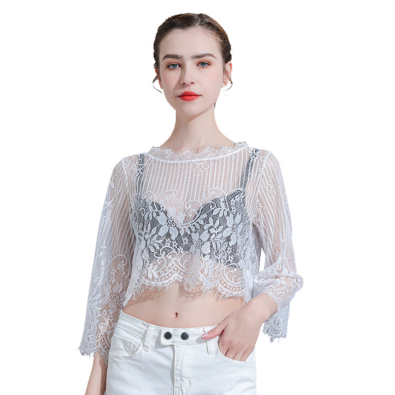 半截蕾丝内搭夏百搭短款透视打底衫 悦吻蕾丝衫/雪纺衫