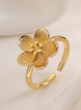 法国cherry kitty 时尚优雅铜镀18k金花朵开口戒指女简约个性