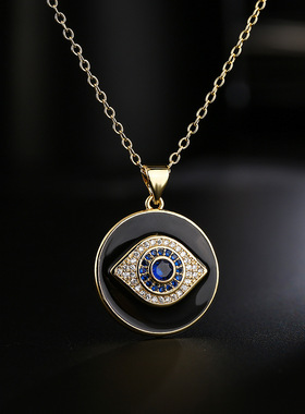 法国cherry kitty 铜18k金复古锁骨链 欧美锆石滴油恶魔之眼项链