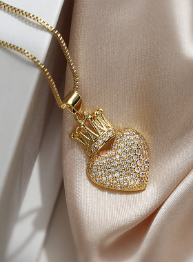 法国cherry kitty ins时尚轻奢电镀锆石皇冠爱心吊坠项链女小众