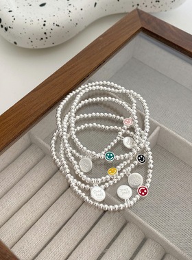 法国cherry kittys925银小情绪女生手链滴油笑脸银珠手链新款简约