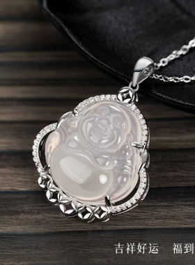 法国cherry kittys925银白玉髓金币佛公项链女新中式风弥勒佛吊坠