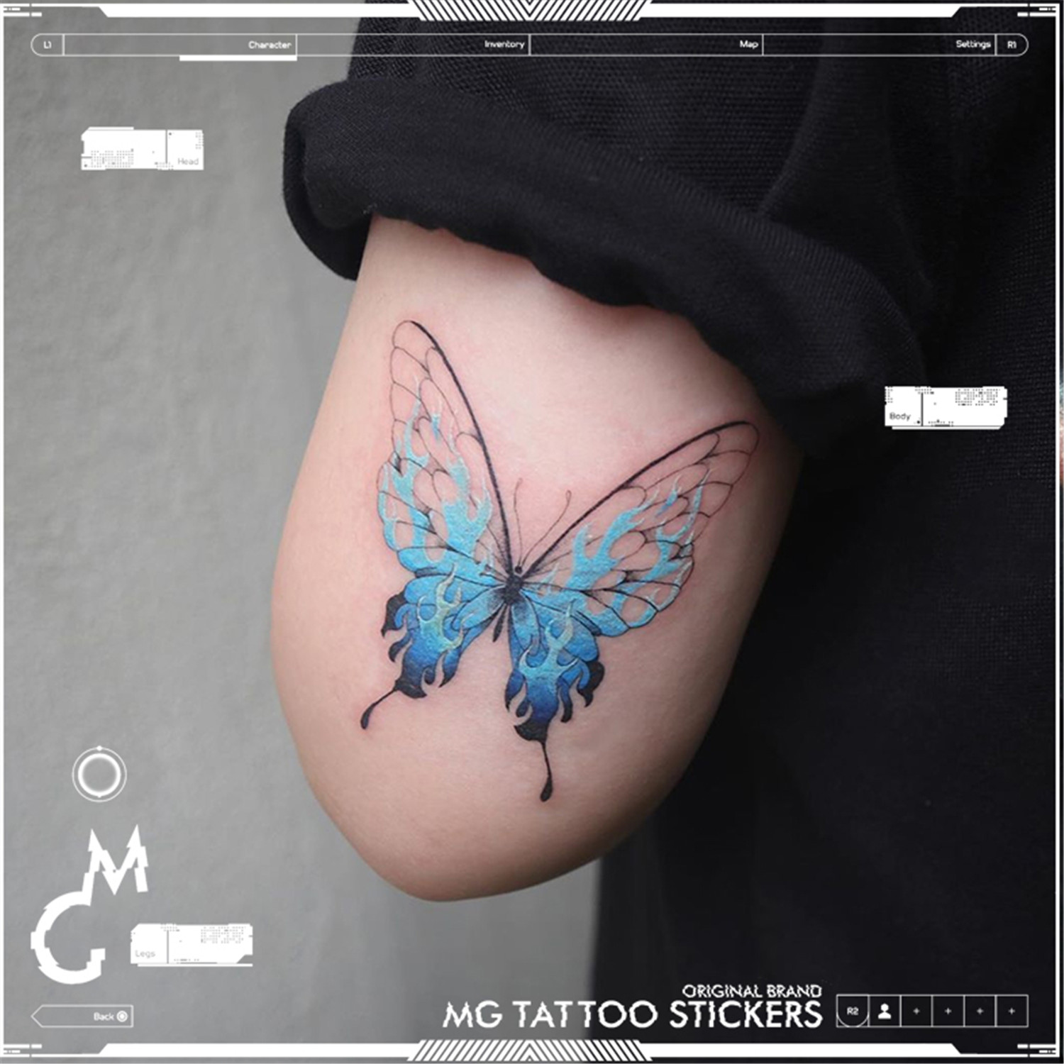 MG tattoo火焰蝶韩风唯美浪漫蓝色火焰蝴蝶图案纹身贴纸男女潮-图0