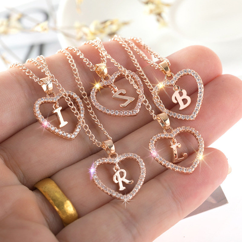 Womens Jewelry Name Initials Heart Pendant Necklace 26 Lette-图0