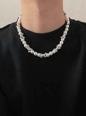 Punk Imitation Pearl Thorns Chain Necklace For Men Women Hip