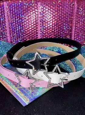 Y2K Star Buckle Belt Pink Leather Elastic Binding Embellishe