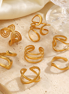 Line Titanium Steel Ring Irregular Geometry 18k Gold Plated