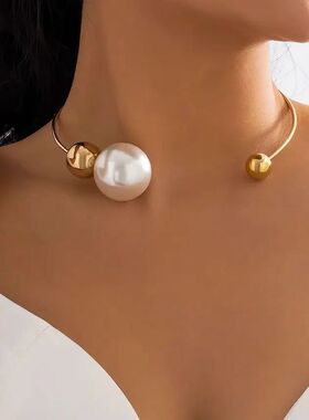 Elegant Goth Big White Imitation Pearl Choker Necklace for W