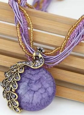 Elegant Vintage Peacock Fringed Tassel Pendant Necklace for