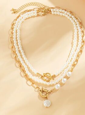 Elegant Pearl Multi-layer Necklace Minimalism Beads Gold Col