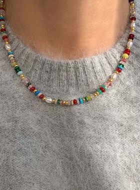 Fashion Colorful Beads Stone Natural Freshwater Pearl Neckla