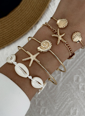 Beach vacation style seashell starfish bracelet set