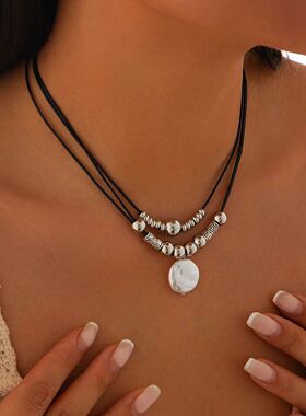 KunJoe Vintage Multilayer Leather Rope Chain Beaded Choker S