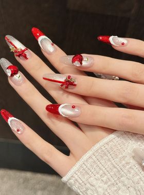 圣诞新年穿戴甲蝴蝶结红格纹蕾丝美甲成品秋冬季手绘氛围感可拆卸