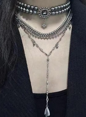 多层叠戴银灰色珍珠项炼 炼 女覆古小众choker锁骨炼轻奢高级感配