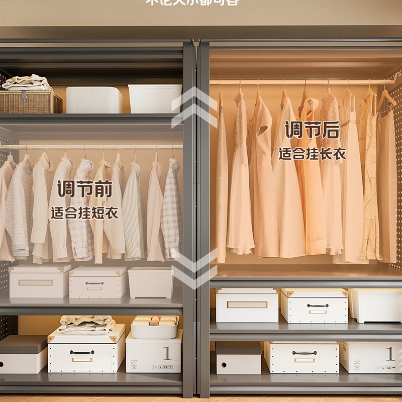 货架衣柜家庭卧室出租房间简单组装钢防尘窗帘挂衣柜孔板衣帽间 - 图1