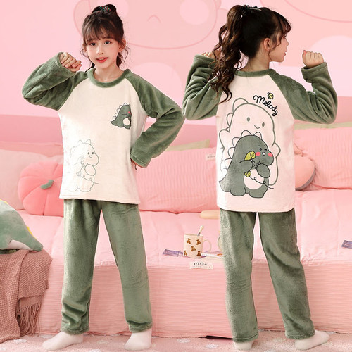 男童珊瑚绒睡衣秋冬装加绒加厚中大童可爱卡通家居服儿童保暖套装 - 图0