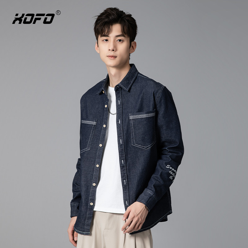 秋季新款牛仔刺绣工装男衬衫休闲宽松内搭打底男士长袖衬衣外套,淘宝优惠券,粉丝福利购,淘宝优惠卷