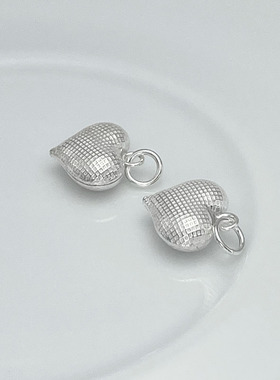 S925纯银细格纹爱心吊坠布纹坠子