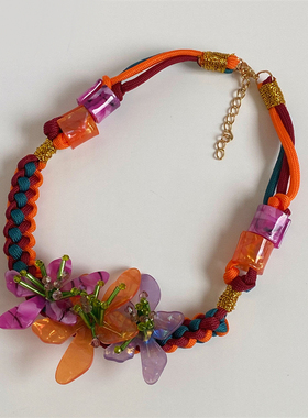 度假风串珠亚克力花朵项链锁骨链