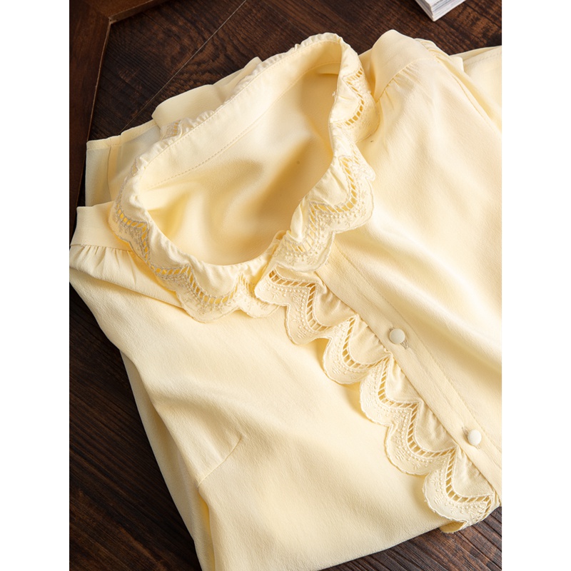 法式蕾丝花边黄色真丝上衣女设计感小众慵懒氛围感休闲桑蚕丝衬衫