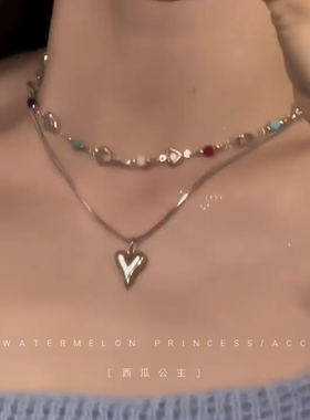 「多彩心动」夏日多巴胺项链女高级感吊坠双层叠戴锁骨链多彩颈链