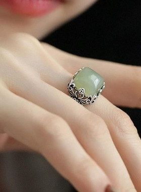 古风和田玉青玉方糖铜钱币戒指女复古花纹镂空包边活口可调节指环