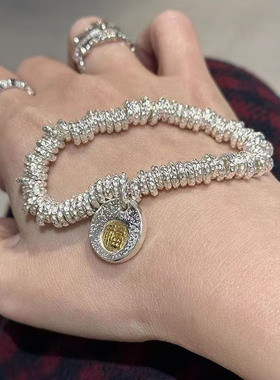 欧美风金到福盘缠手链男女款轻奢小众福字吊坠手镯高级感银色手环