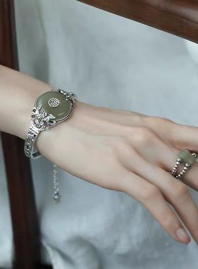 福字平安扣牡丹花手镯女款新中式复古做旧国风时尚轻奢高级感手环